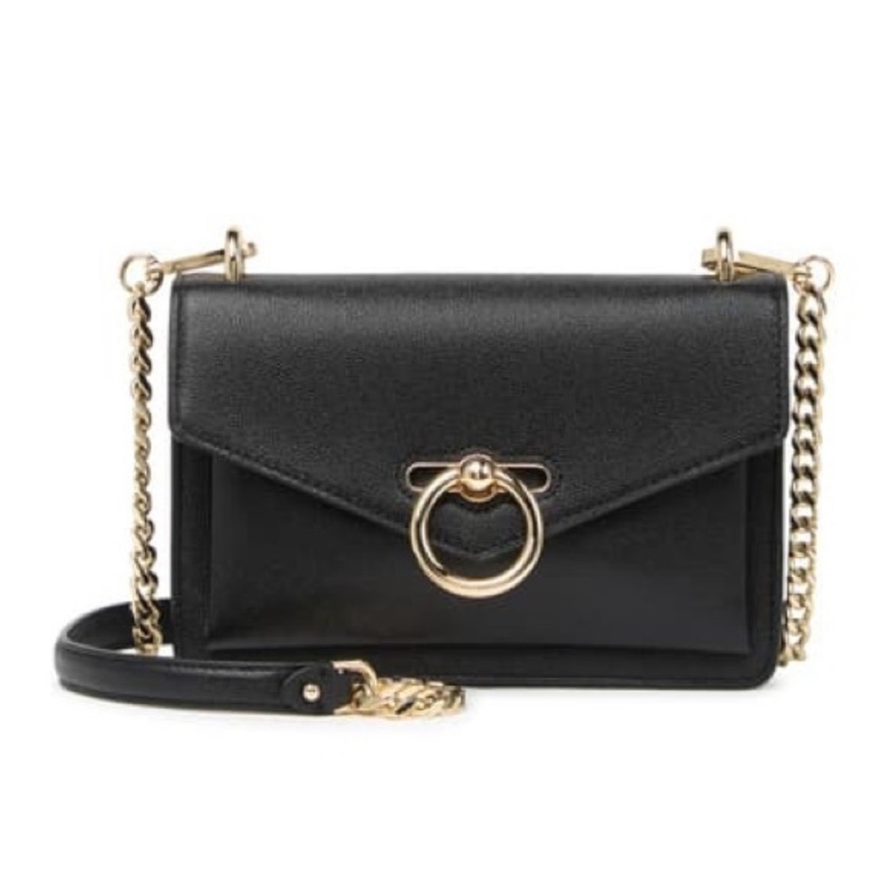 Rebecca Minkoff black leather Jean crossbody designer handbag with gold chain